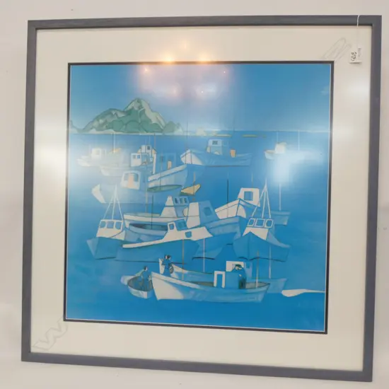 RITA ANGUS PRINT 'BOATS, ISLAND BAY' 770MM SQ FRAME SIZE