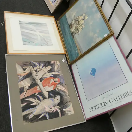 4 ARTWORKS; SHIP PRINT, HORIZON GALLERIES, MIXED MEDIA PARROTS, SIGNED PENCIL DRAWING