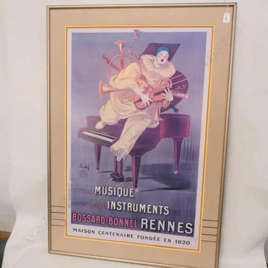 LARGE FRAMED FRENCH CLOWN ON PIANO PRINT 1065 X 740MM