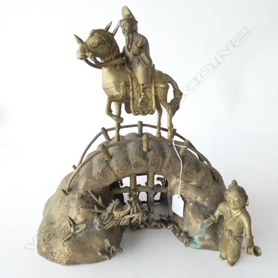 LGE BRONZE ORIENTAL SCULPTURE, HORSEMAN ON BRIDGE H. 400MM, L.330MM