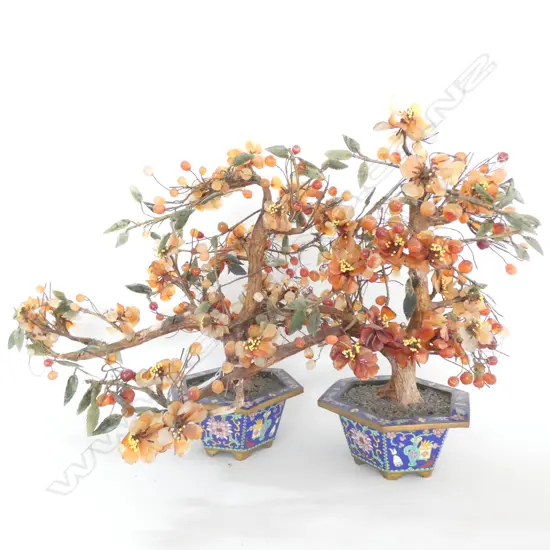 PAIR GEMSTONE TREES, CLOISONNE POTS,  H. 335MM