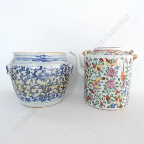 CHINESE BLUE AND WHITE JAR  (cracks and chips) AND FAMILLE ROSE KETTLE (no lid)