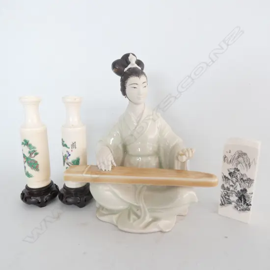 JAPANESE FIGURE (faulted) AND IVORY? VASES