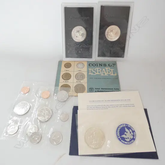 3 EISENHOWER SILVER DOLLARS, 2 PROOF, 2 SETS CANADIAN COINS, 1 SET ISRAELI  