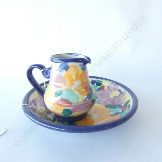 TONY SLY MULTI COLOURED SHALLOW POTTERY BOWL & JUG