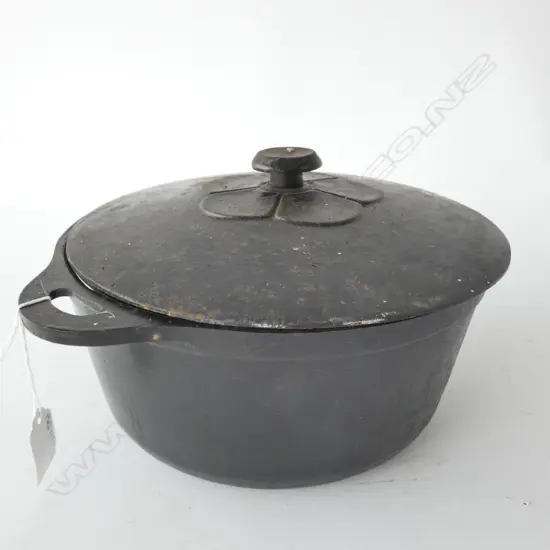 CAST IRON LIDDED OVAL POT, W. 350MM