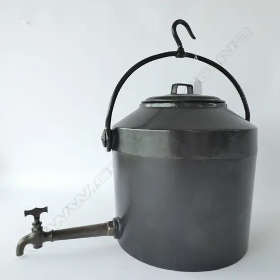 LARGE CAST IRON HANGING COAL FIRE KETTLE, W. 350MM