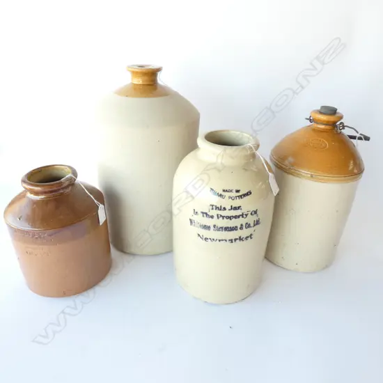 4 CROCKS, 1 TIMARU POTTERIES.  H. 400MM