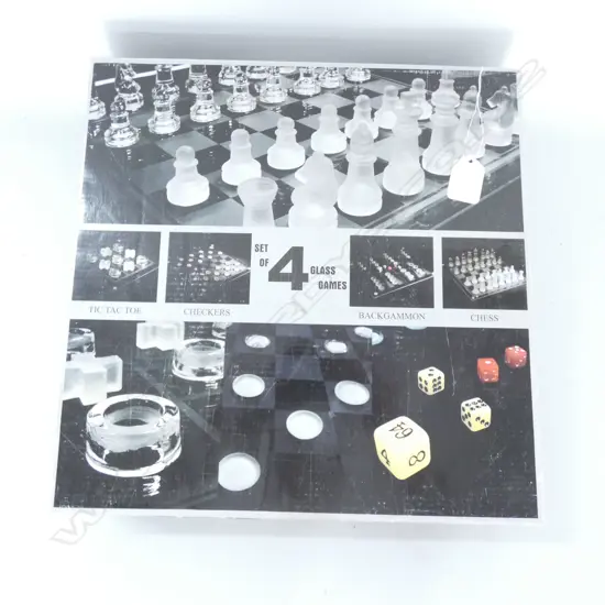 SET OF 4 GLASS GAMES, CHESS, BACKGAMMON ETC..