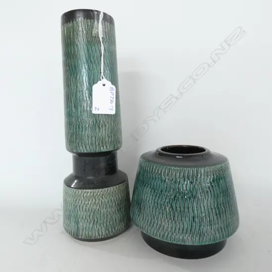 2 WEST GERMAN POTTERY VASES - GREEN TEXTURED  H. 250MM