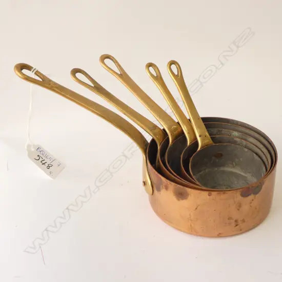 5 SMALL FRENCH STYLE GRADUATING COPPER PANS 100MM DIA