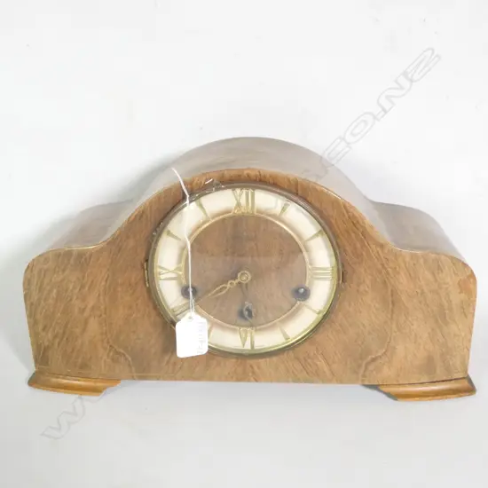 WOODEN GERMAN MANTLE CLOCK, CHIMING, WITH KEY  L. 370MM