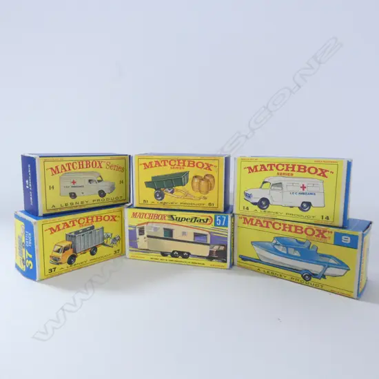 SIX MATCHBOX DIE CAST MODELS; CARAVAN, BOAT, AMBULANCE, TRAILER, CATTLE TRUCK 
