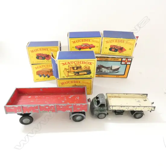SIX MATCHBOX DIE CAST MODELS, HUDDERSFIELD KIT LIFEBOAT, TRUCK & TRAILER