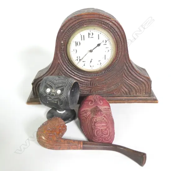 MAORI CARVED WOODEN CLOCK AF, PIPE, NAPKIN HOLDER & RESIN FACE