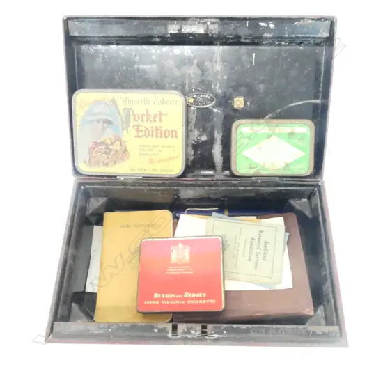 METAL MONEY BANK CONTAINING ASST. NZ WWI BADGES ETC