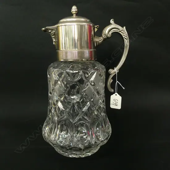 LARGE CUT GLASS * SILVER PLATE CLARET JUG, H. 330MM