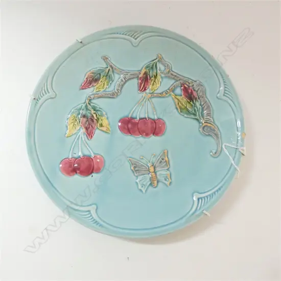 WEST GERMAN MAJOLICA PLATE - CHERRIES & BUTTERFLY W. 230MM