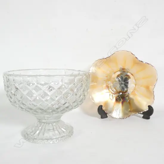 LARGE CUT GLASS FOOTED BOWL & CARNIVAL GLASS DISH