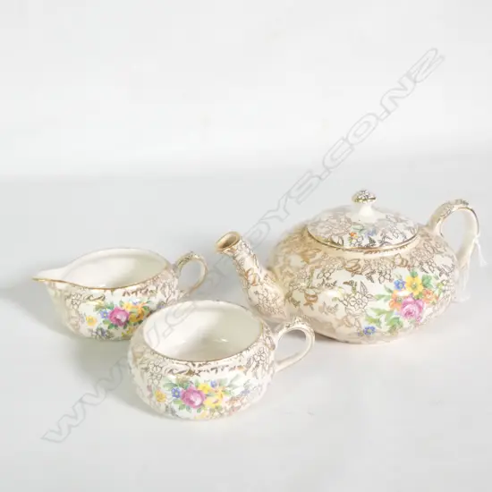 LORD NELSON WARE GOLD CHINTZ TEAPOT, JUG, BOWL 