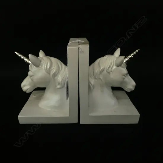 PAIR WHITE & GOLD UNICORN BOOKENDS FAULTS