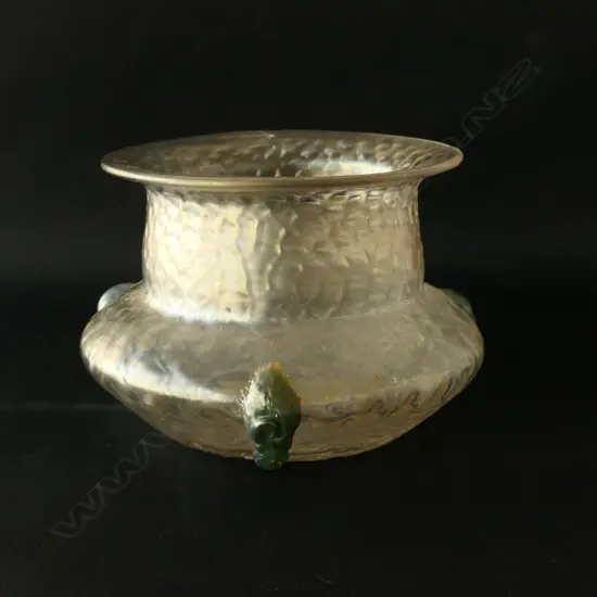 KRALIK IRIDESCENT GLASS VASE WITH GREEN TRAILINGS, W. 165MM