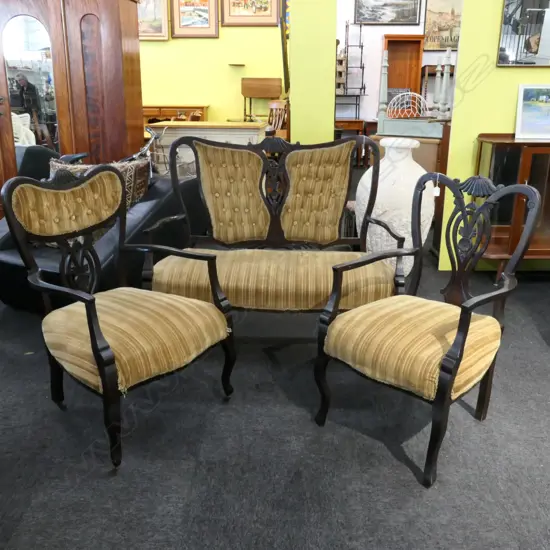 2 SEATER SETTEE, L. 1170MM, 2 CARVED WOODEN CHAIRS