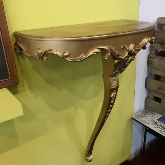 GOLD PAINTED WALL TABLE ON BRACKET, W 600 X 330MM