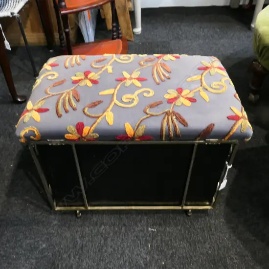 VINTAGE FIRESIDE BOX, PADDED LID. W. 525 X 345MM, H. 375MM