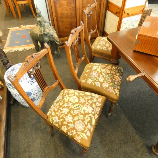 4 EDWARDIAN INLAID NEEDLEPOINT CHAIRS 