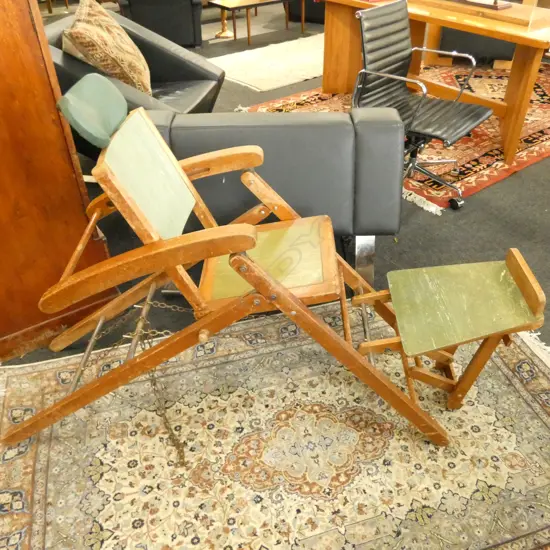 VINTAGE FOLDING WOODEN DENTISTS CHAIR & STOOL