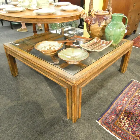 FAUX BAMBOO GLASS TOPPED SQUARE COFFEE TABLE 1M SQ