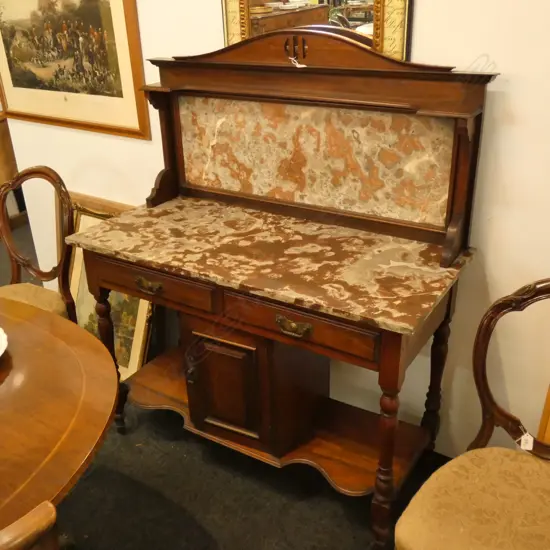 LATE VICTORIAN MARBLE TOP & BACKED WASHSTAND. W. 1075 X 490MM. H. 1325MM