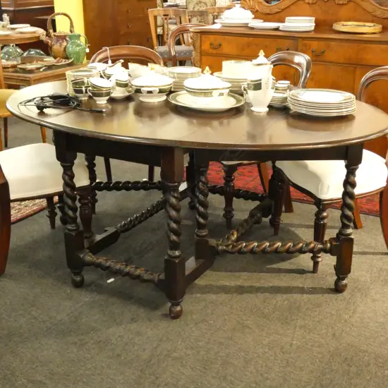 LARGE OAK, BARLEY TWIST LEG, GATELEG TABLE, W. 1850 X 115MM