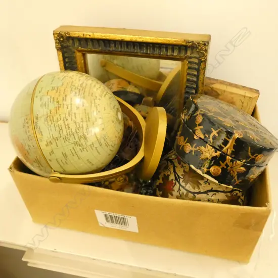 COLLECTION OF PAPIER MACHE BOXES, GLOBE, COSTUME JEWELLERY 