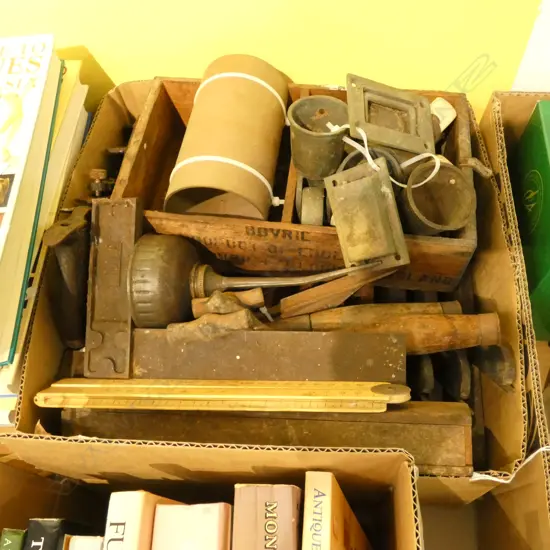 BOX LOT ASST. WOODEN PLANES, WHEELS ETC