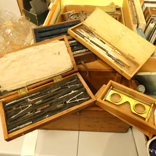 ASST. DRAWING INSTRUMENTS IN WOODEN BOXES + STEREOSCOPIC MAPMAKER'S GLASSES (NO LENSES)