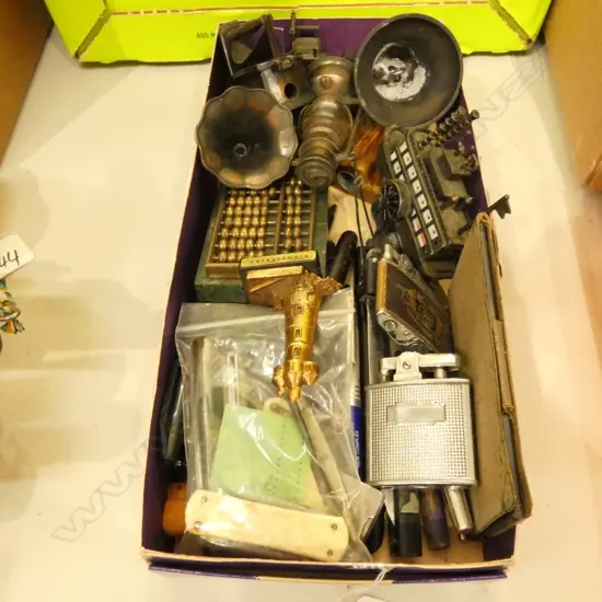 BOX OF PENS, PEN KNIVES, MINI MODELS, ETC