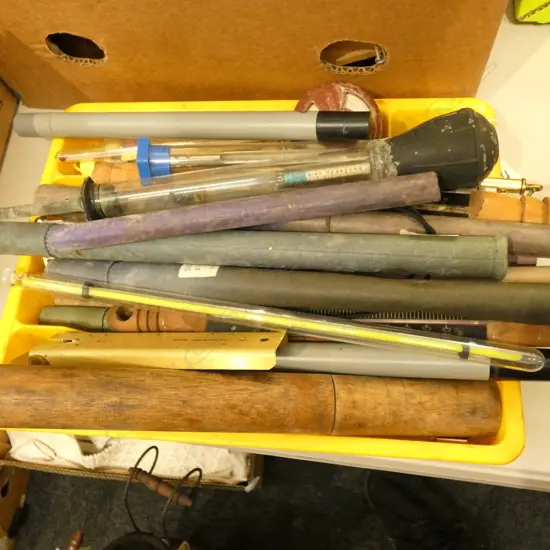 2 BOXES OF SMALL WOODEN PULLEYS, THERMOMETERS, SMALL INSTRUMENTS, ETC