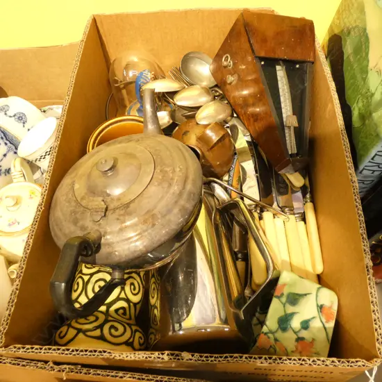 BOX LOT ASST. CERAMICS, CUTLERY INCL. MANY BONE HANDLED KNIVES