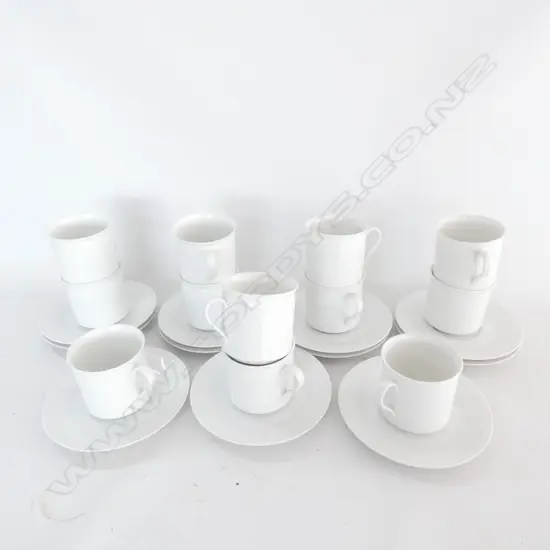 BOX GERMAN VENEZIA WHITE CUPS & SAUCERS, 11 SETS 