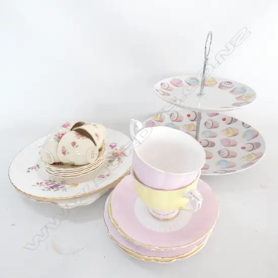 GOOD BOX LOT ASSORTED CHINA, CAKE STAND, TRIOS, RCD PLATE, ETC.