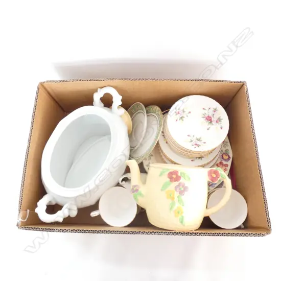 BOX LOT ASSORTED CHINA, TEAPOT, TRIOS, TUREEN ETC.