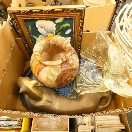 BOX LOT STONE VASE, GLASS ETC