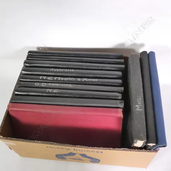 BOX LOT ASST. STAMP ALBUMS MOSTLY NZ / AUS / UK