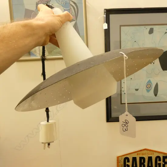 1950'S MILK GLASS & METAL HANGING LAMP