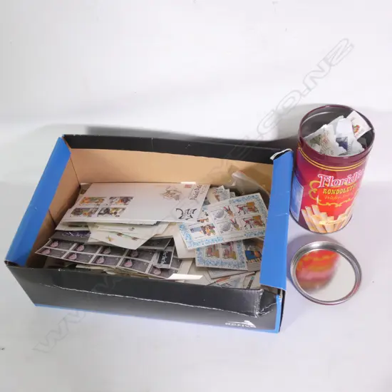 BOX LOT ASST. NZ PLATE STAMPS + ASST. COINS ETC