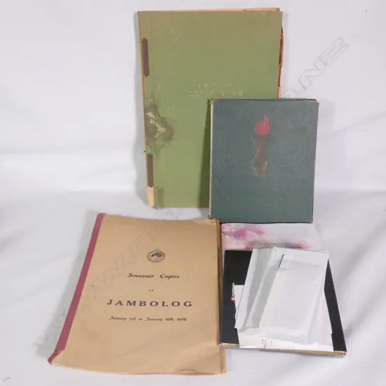 BOX LOT ASST. SCOUTS & OLYMPIC MEMORABILIA + 2 NZ STAMP BOOKS & ASST. WORLD STAMPS