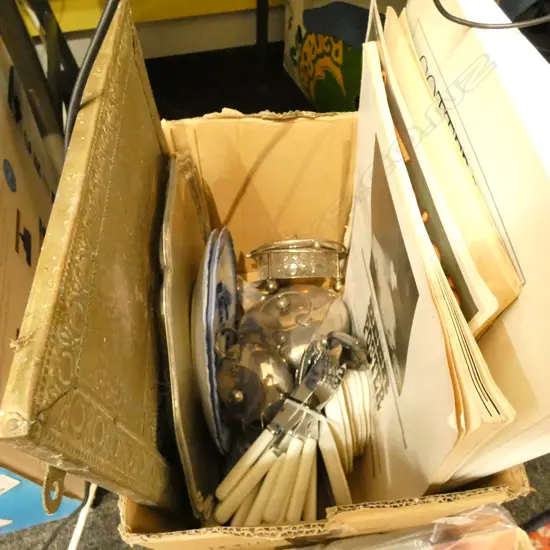 BOX LOT EPNS, BLUE FLOW PLATES + EARLY 19thC BEER POSTERS, GOTTFRIED LINDAUER PRINTS