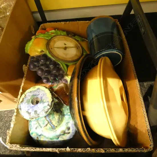 BOX LOT ASST CERAMICS, FRUIT CLOCK ETC